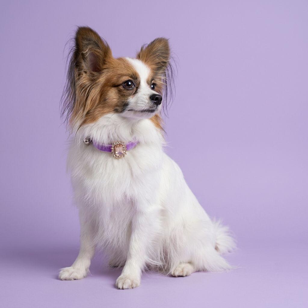 Papillon in a relaxed side-on seated pose
