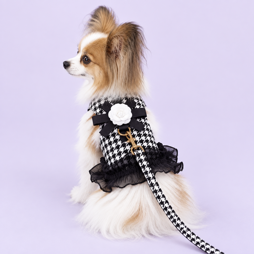Papillon in houndstooth harness