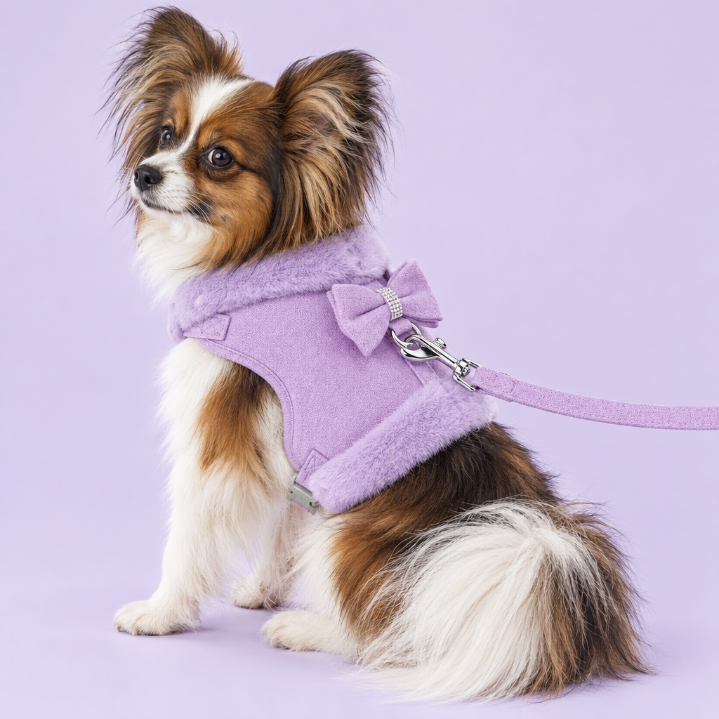 Papillon in lavender harness