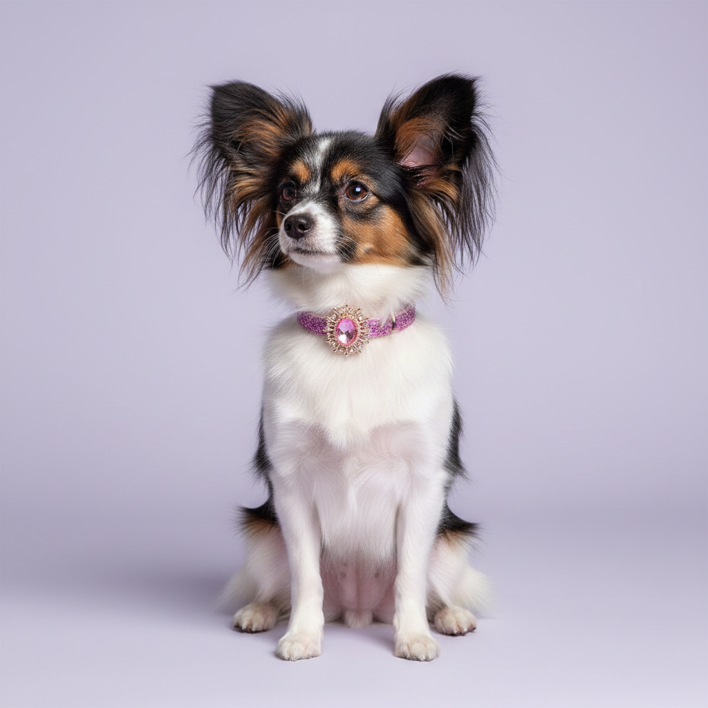 Tricolor Papillon wearing lilac pink glitter dog collar with pink oval crystal sunburst pendant