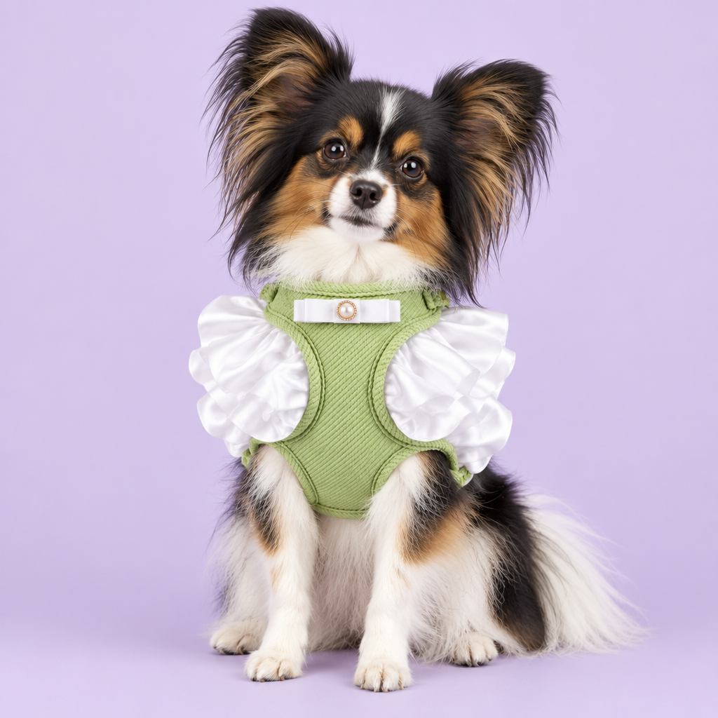 Papillon in pale green ruffled harness