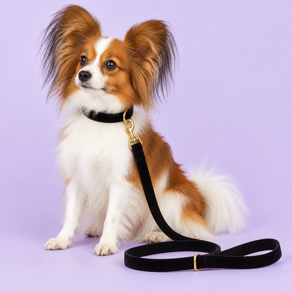 Papillon in the black velvet collar and leash set