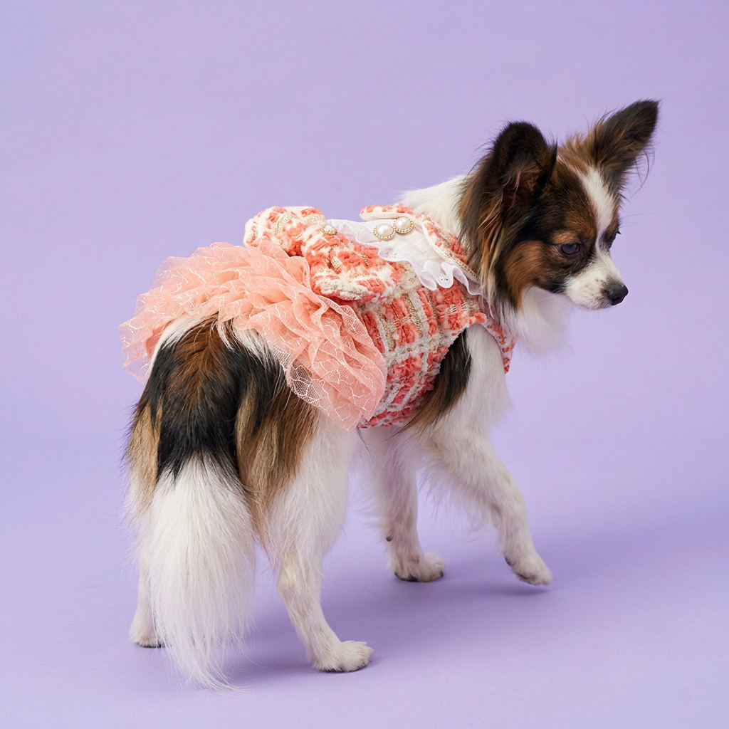 Papillon in the coral tweed dress