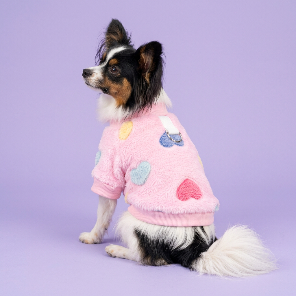 Papillon in the fluffy pink heart sweater