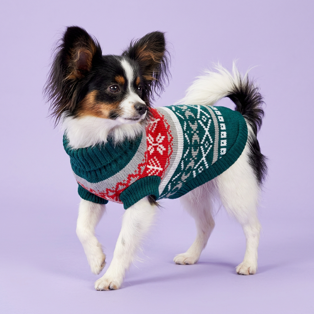 Papillon in the green red and grey sweater