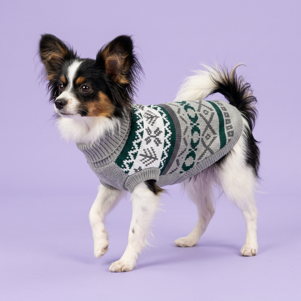 Papillon in the grey-and-green sweater