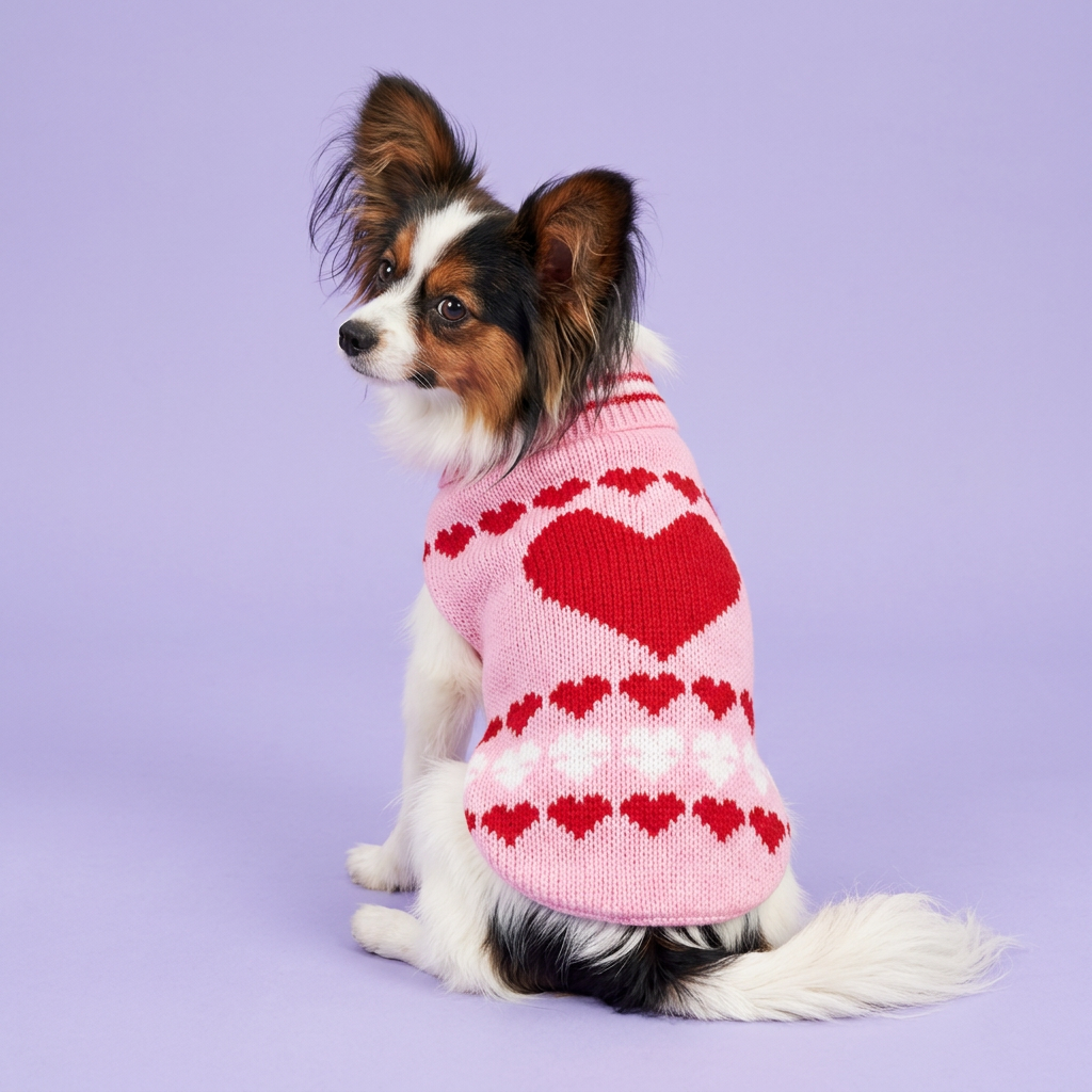 Papillon in the pink heart sweater