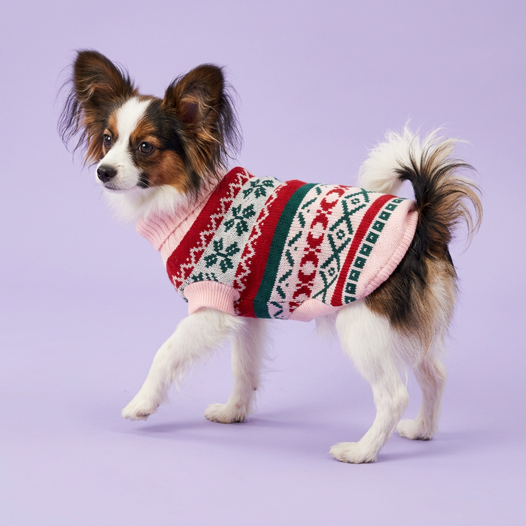 Papillon in the pink-trimmed sweater