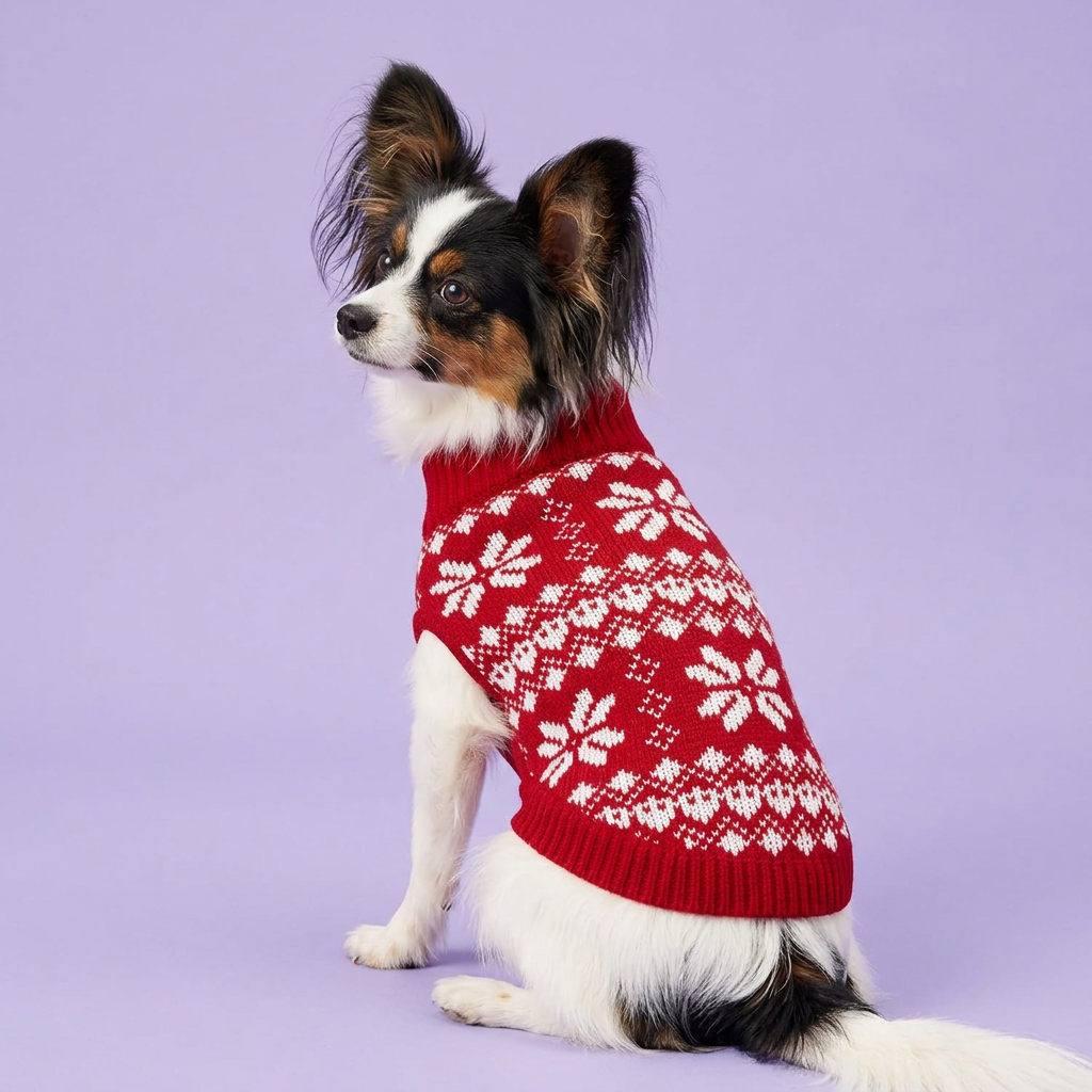 Papillon in the red snowflake sweater