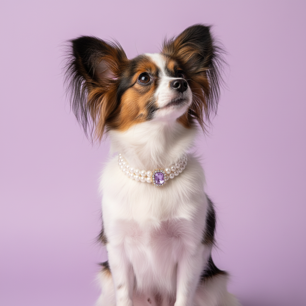 Papillon dog sitting in a pearl collar with a lavender gemstone pendant against a lavender background