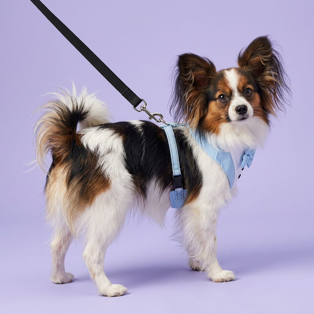 Papillon looking back to show the leash attachment