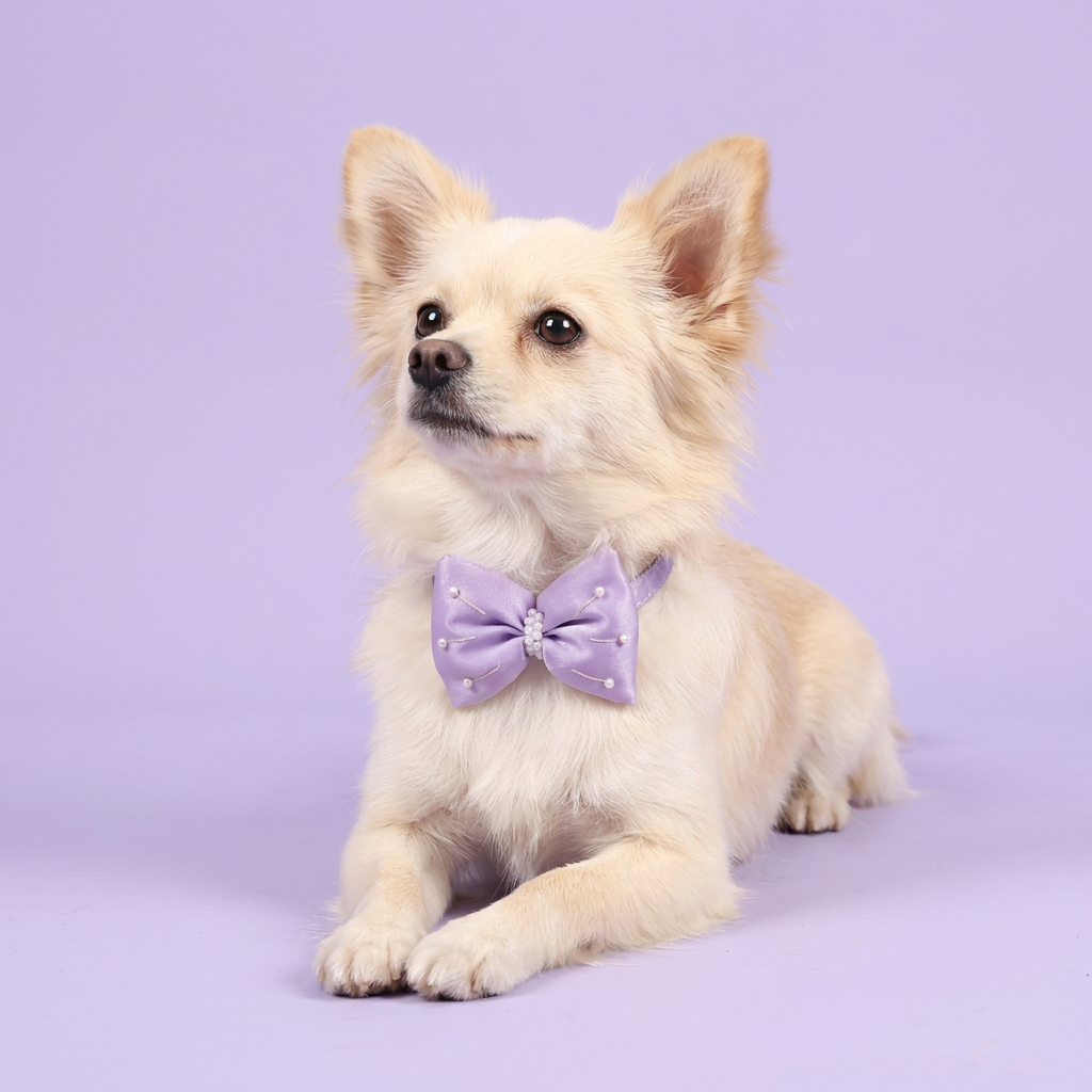 Papillon lounging in lavender bow collar