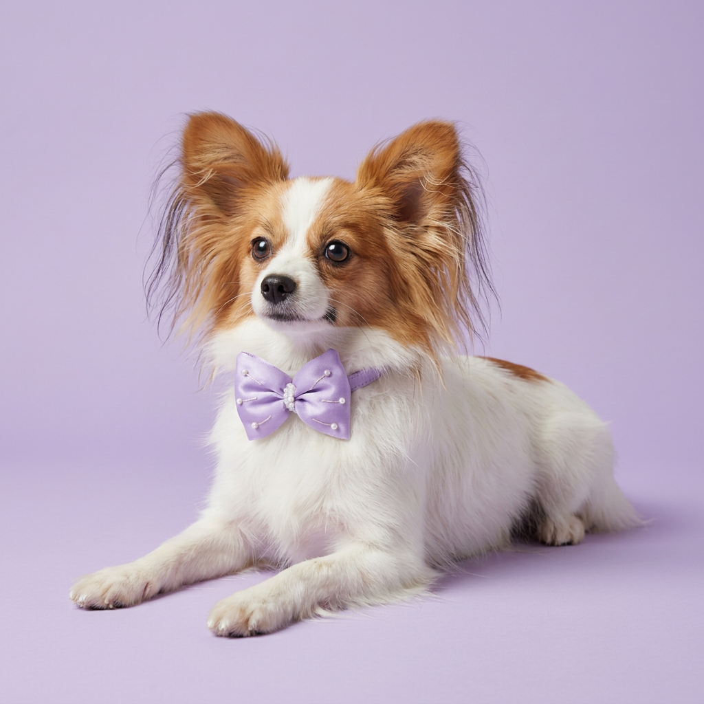 Papillon lounging in lavender bow collar
