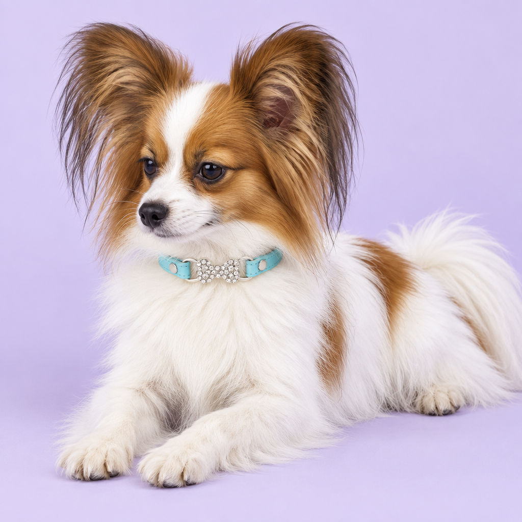 Papillon lounging in the referenced collar