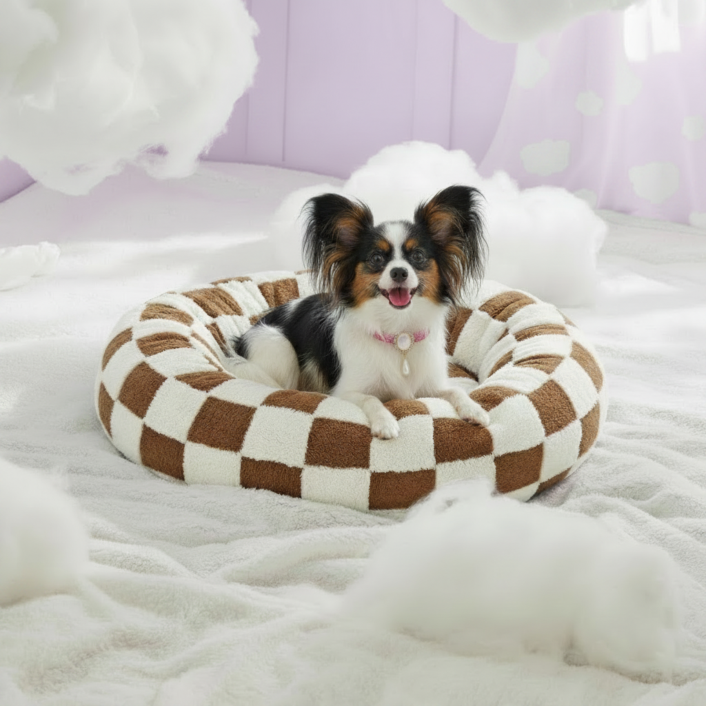 Papillon dog wearing a pink bow collar sitting inside a brown and cream checkered plush round donut pet bed placed on a white fluffy blanket, with a lavender backdrop and white cloud props in the background