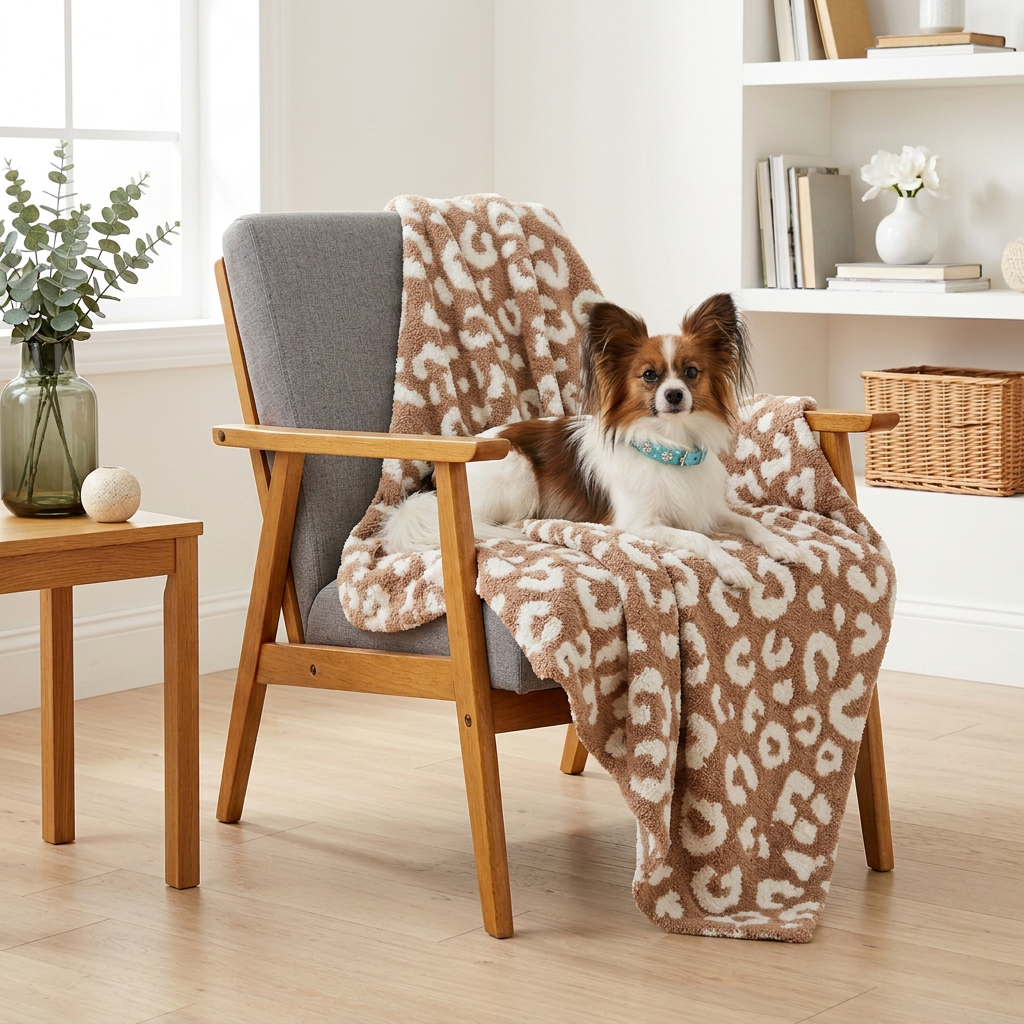 Papillon on chair with smaller leopard blanket and no rear drape