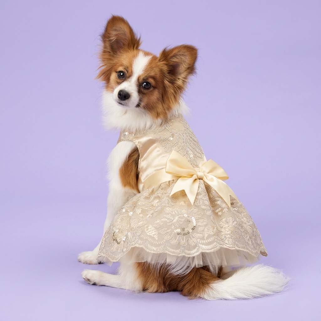 Papillon showing the back bow of the champagne-gold dress
