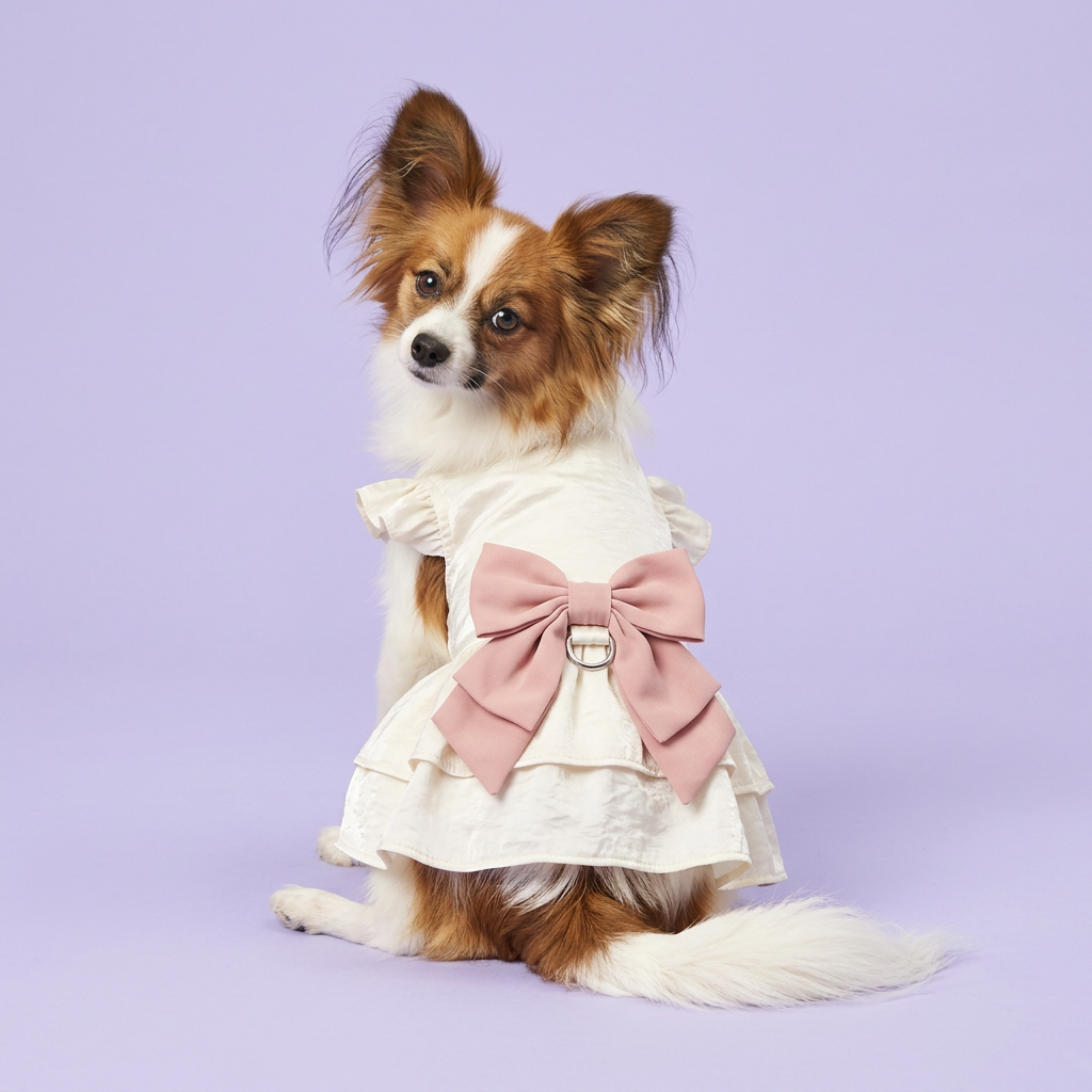 Papillon showing the dusty-pink back bow and tiered skirt