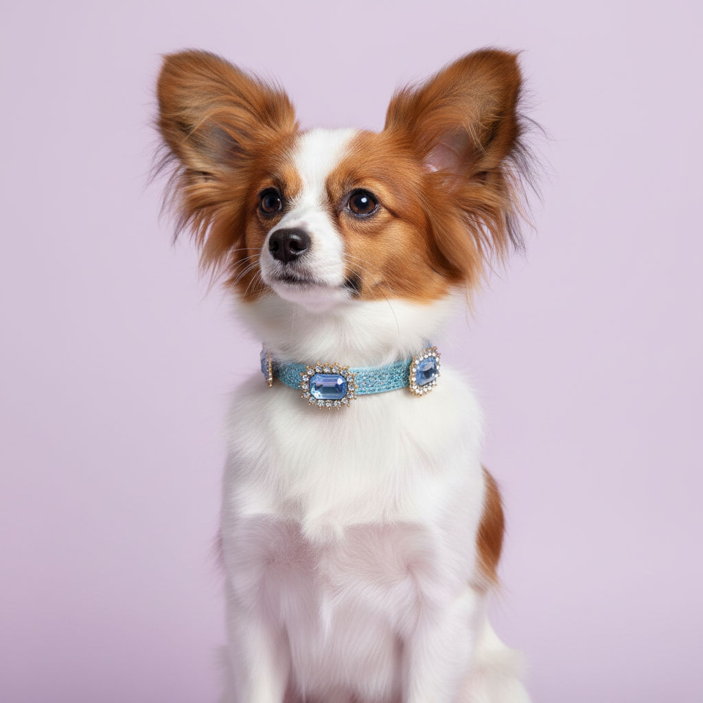 Papillon wearing a blue sapphire crystal rhinestone dog collar