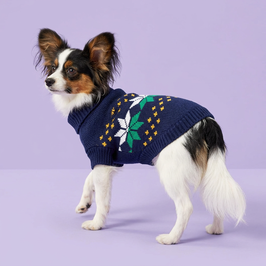 Papillon stepping diagonally in the navy sweater
