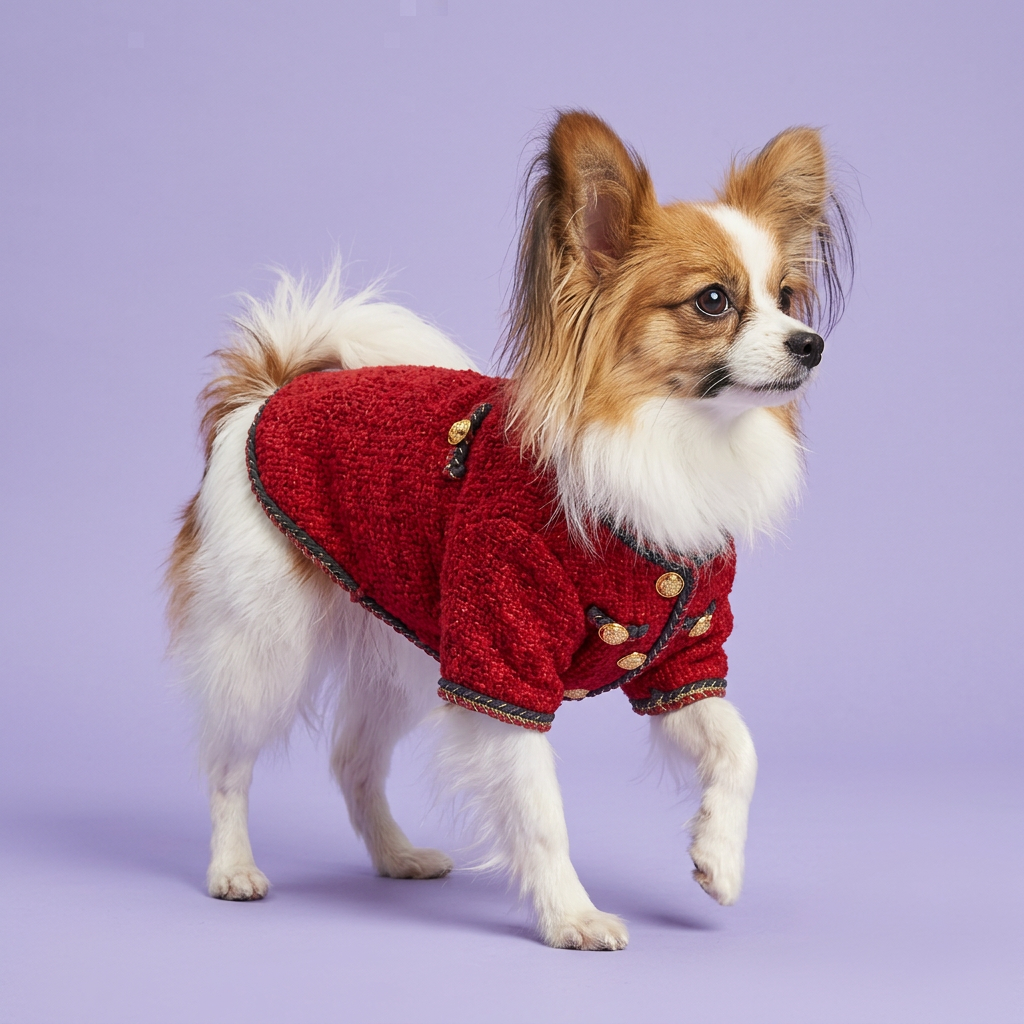 Papillon turning mid-step in the red tweed jacket