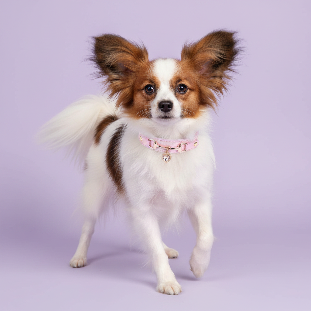 White and brown Papillon dog standing with one paw raised and facing forward, wearing a pink leather pet collar with rose gold snaffle-bit hardware and a clear crystal heart charm pendant, on a soft lavender background