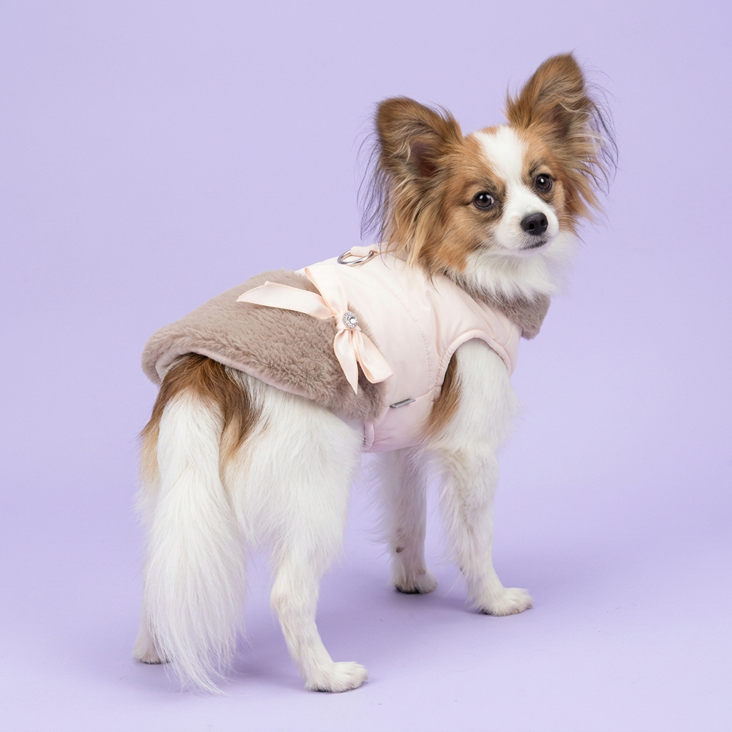 Papillon wearing the blush and taupe sleeveless coat on lavender