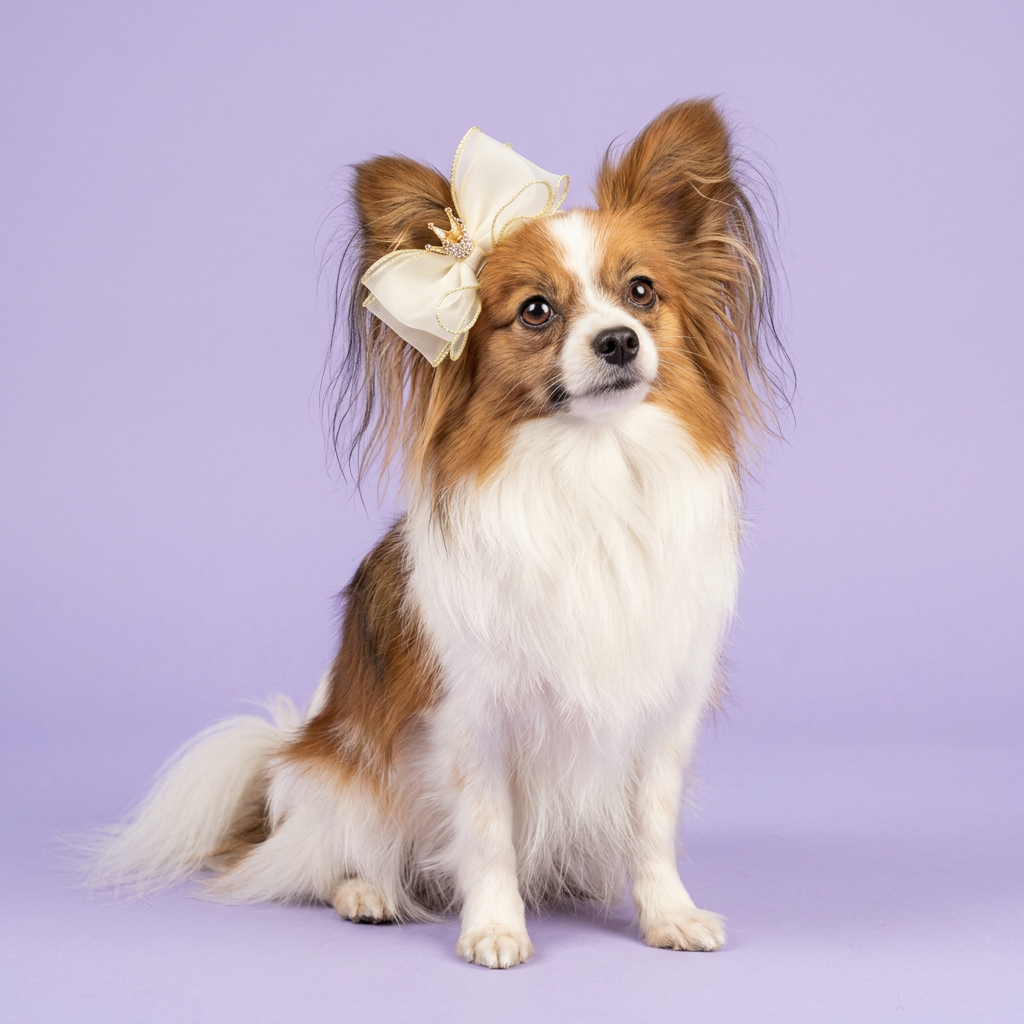 Papillon wearing the ivory-and-gold crown bow