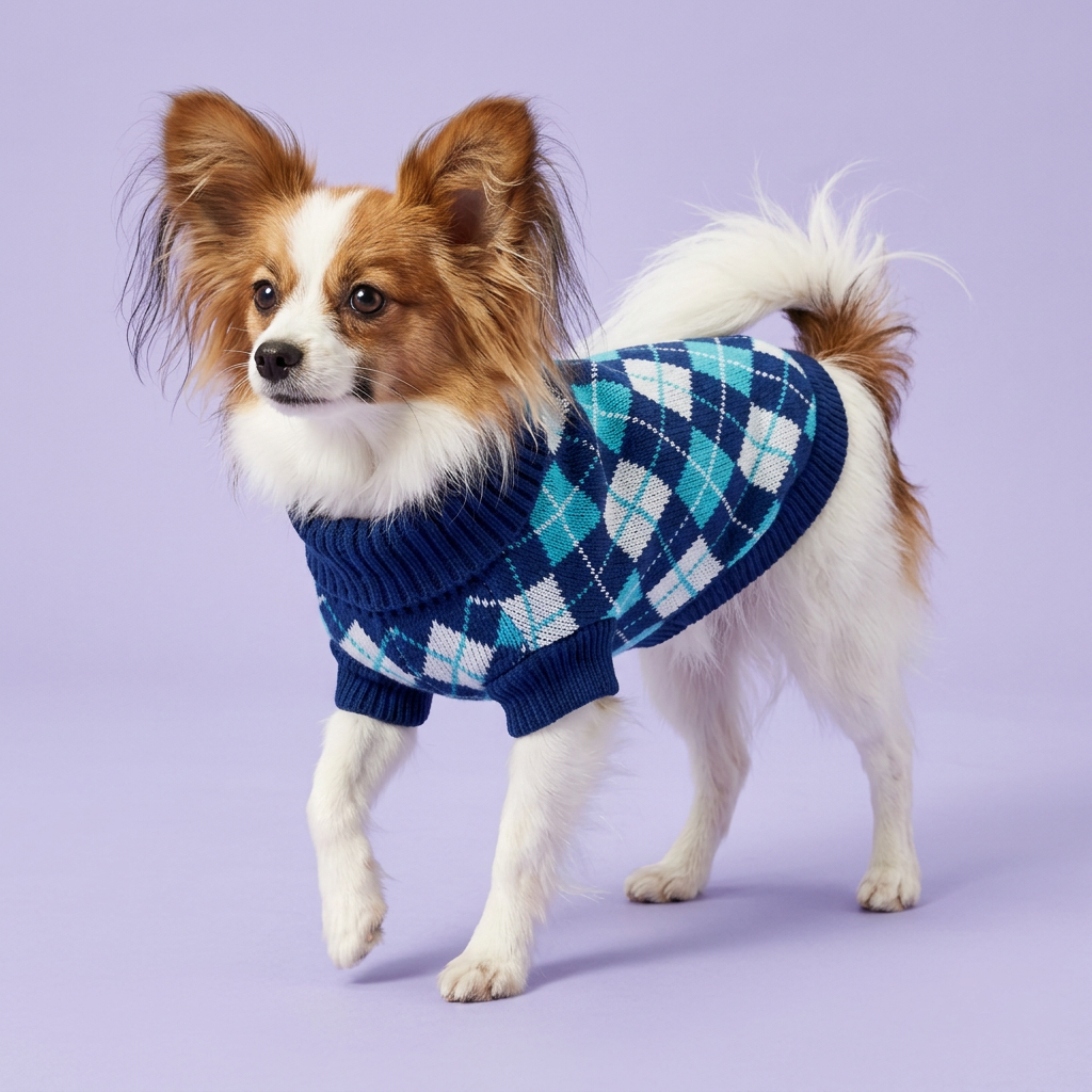 Papillon wearing the navy argyle sweater on lavender