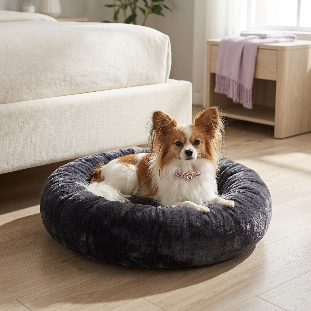 Papillon wearing the pink teardrop collar on the charcoal bed in a bedroom