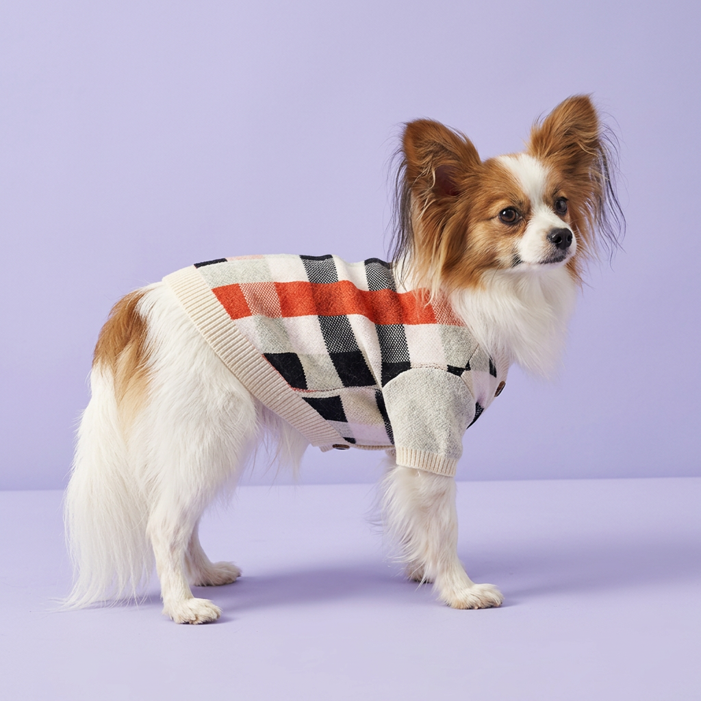 Papillon wearing the plaid cardigan in a looking-back pose on lavender