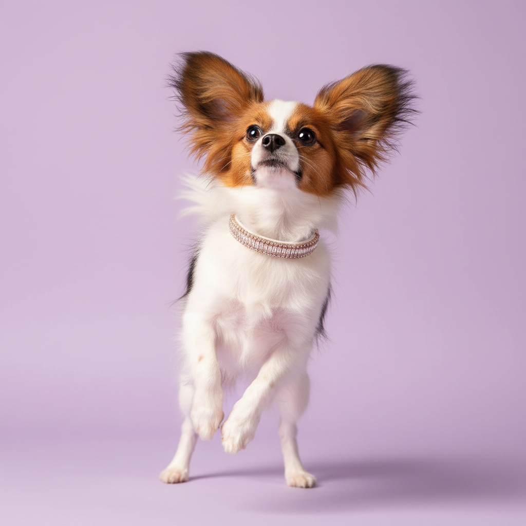 Pretty Posh Pets luxury rhinestone dog collar — a lively Papillon mid-jump with its iconic large butterfly ears spread wide, wearing a white leather collar with emerald-cut clear crystal baguette gemstones bordered by sparkling round rhinestones in rose gold, gazing upward with front paws raised against a soft lavender background.