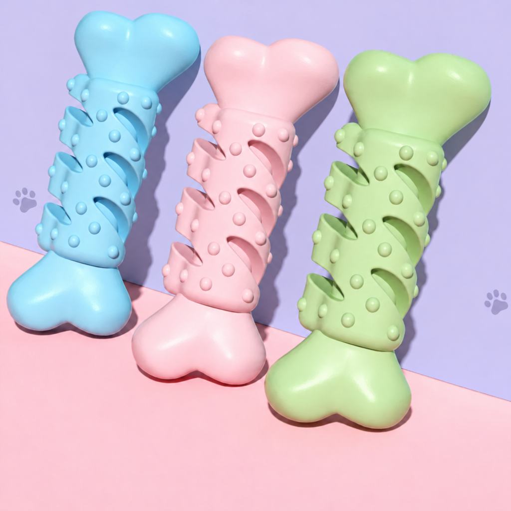 Pastel bone toys against a lavender wall with the top-right marks removed