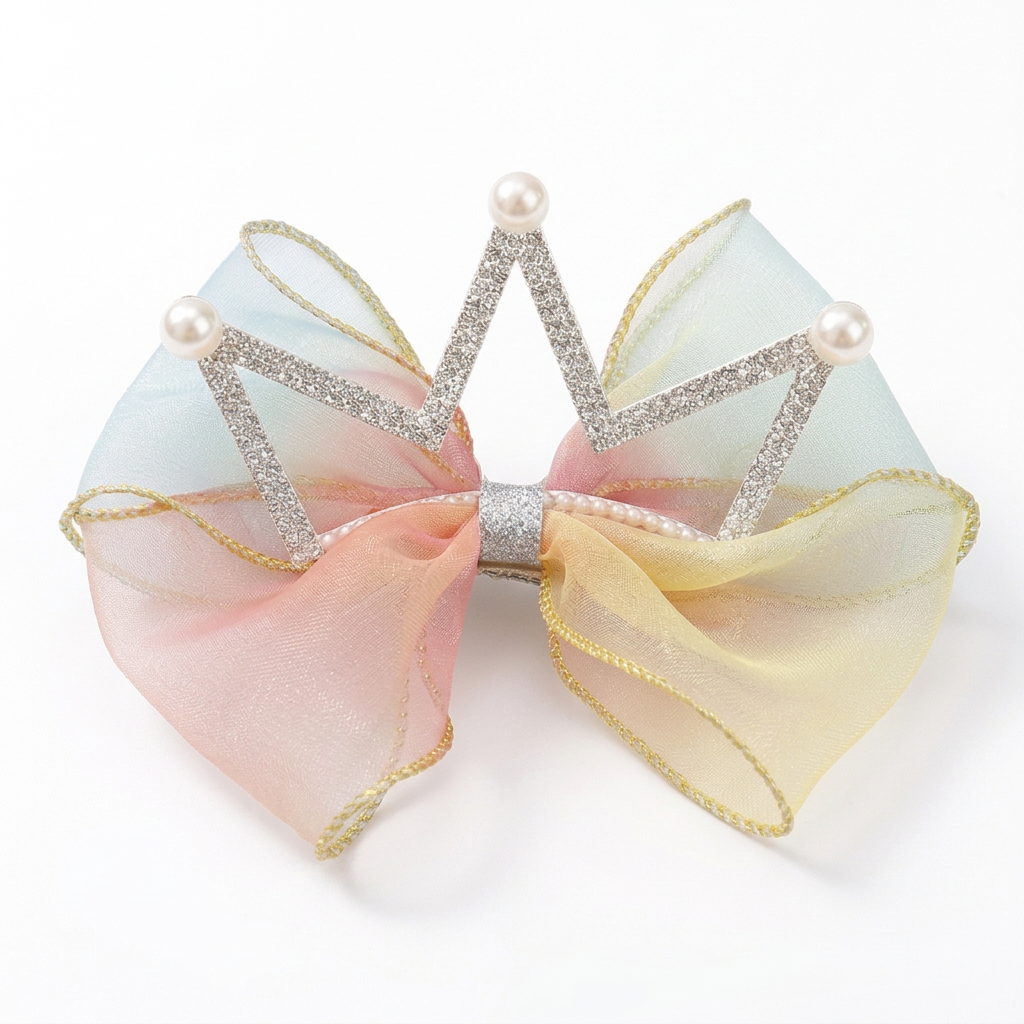 Pastel rainbow crown bow resting on a white surface to match the other product images