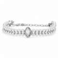 Double-strand white pearl pet collar with silver hardware, small crystal accents between the pearls, and a marquise-cut clear crystal centerpiece surrounded by a halo of small crystals, on a white background