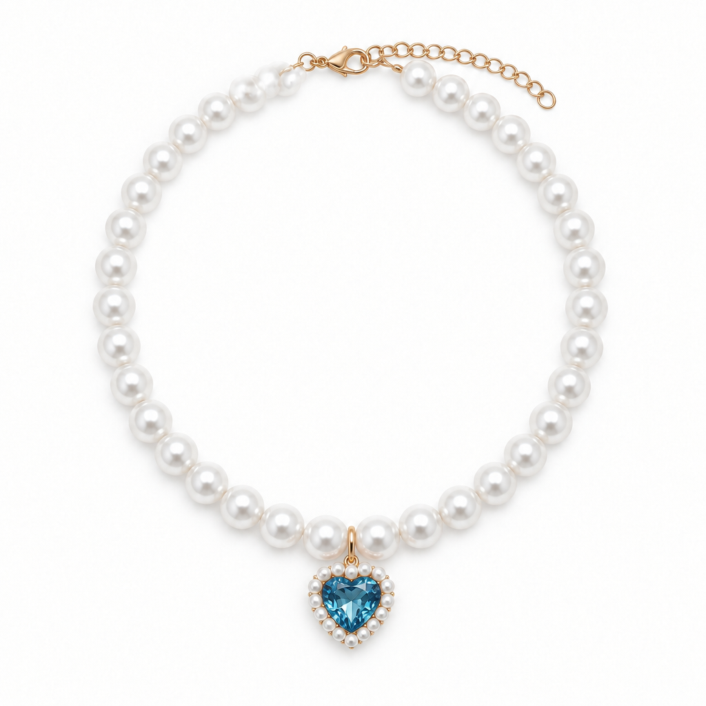 Pearl collar with blue heart gemstone