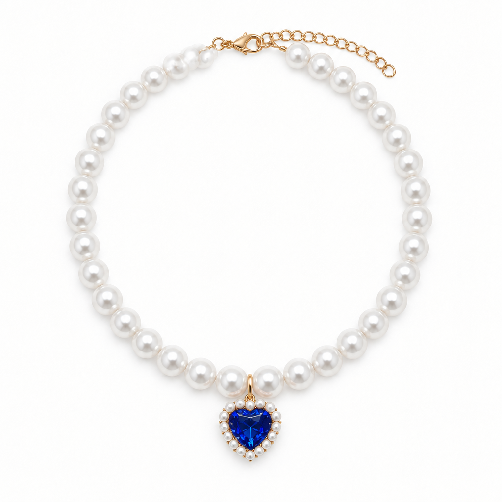 Pearl collar with deep cobalt-blue heart gemstone