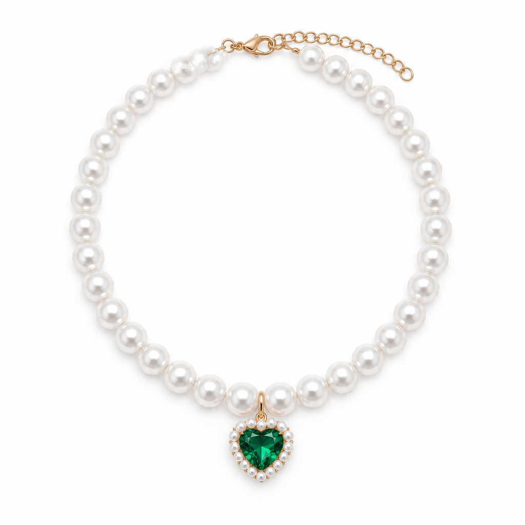 Pearl collar with emerald-green heart gemstone