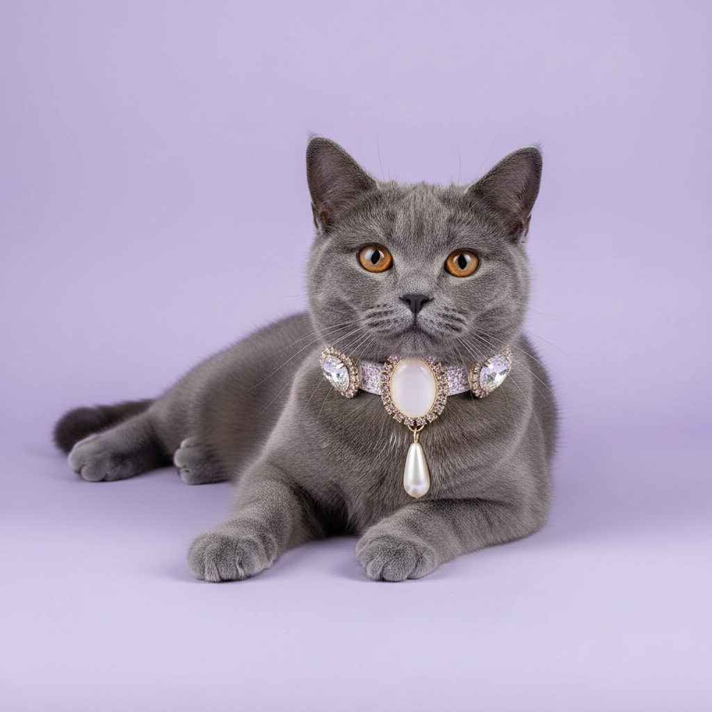 Grey British Shorthair lounging with paws stretched forward and facing the camera wearing a silver glitter cat collar with a triple gem centerpiece featuring a white pearl oval flanked by clear crystal ovals and a pearl drop pendant set in gold