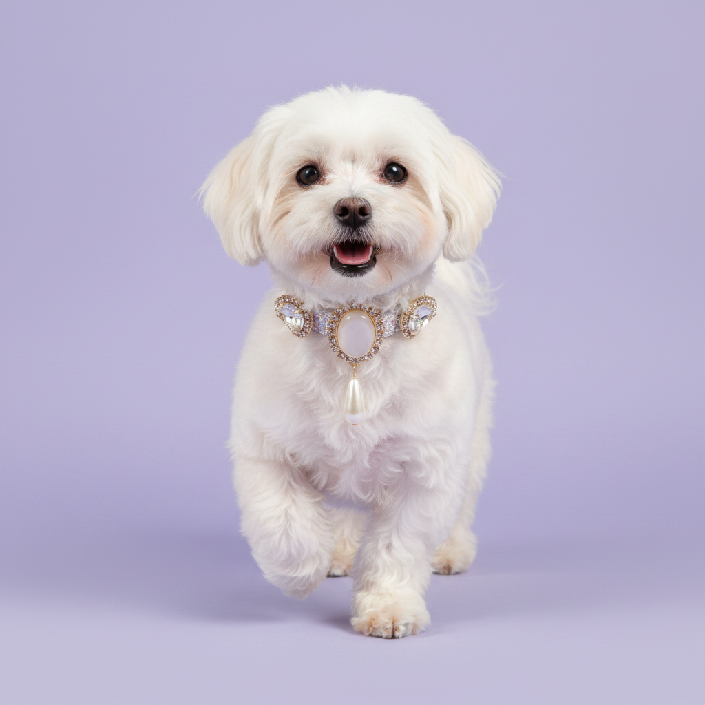 White Maltese mid-stride facing the camera with a happy open-mouth expression wearing a silver glitter dog collar with a triple gem centerpiece featuring a white moonstone oval flanked by clear crystal ovals and a pearl drop pendant set in gold