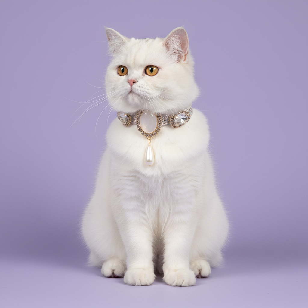 White Persian cat sitting upright and facing the camera wearing a silver glitter cat collar with a triple gem centerpiece featuring a white moonstone oval flanked by clear crystal ovals and a pearl drop pendant set in gold