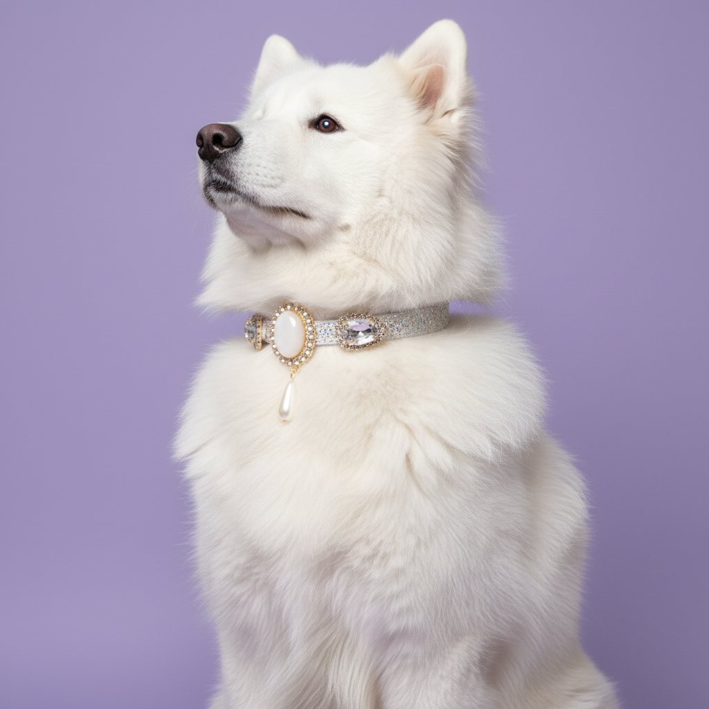 White Samoyed sitting upright and gazing to the side wearing a silver glitter dog collar with a triple gem centerpiece featuring a white pearl oval, lavender moonstone oval, and pearl drop pendant set in gold