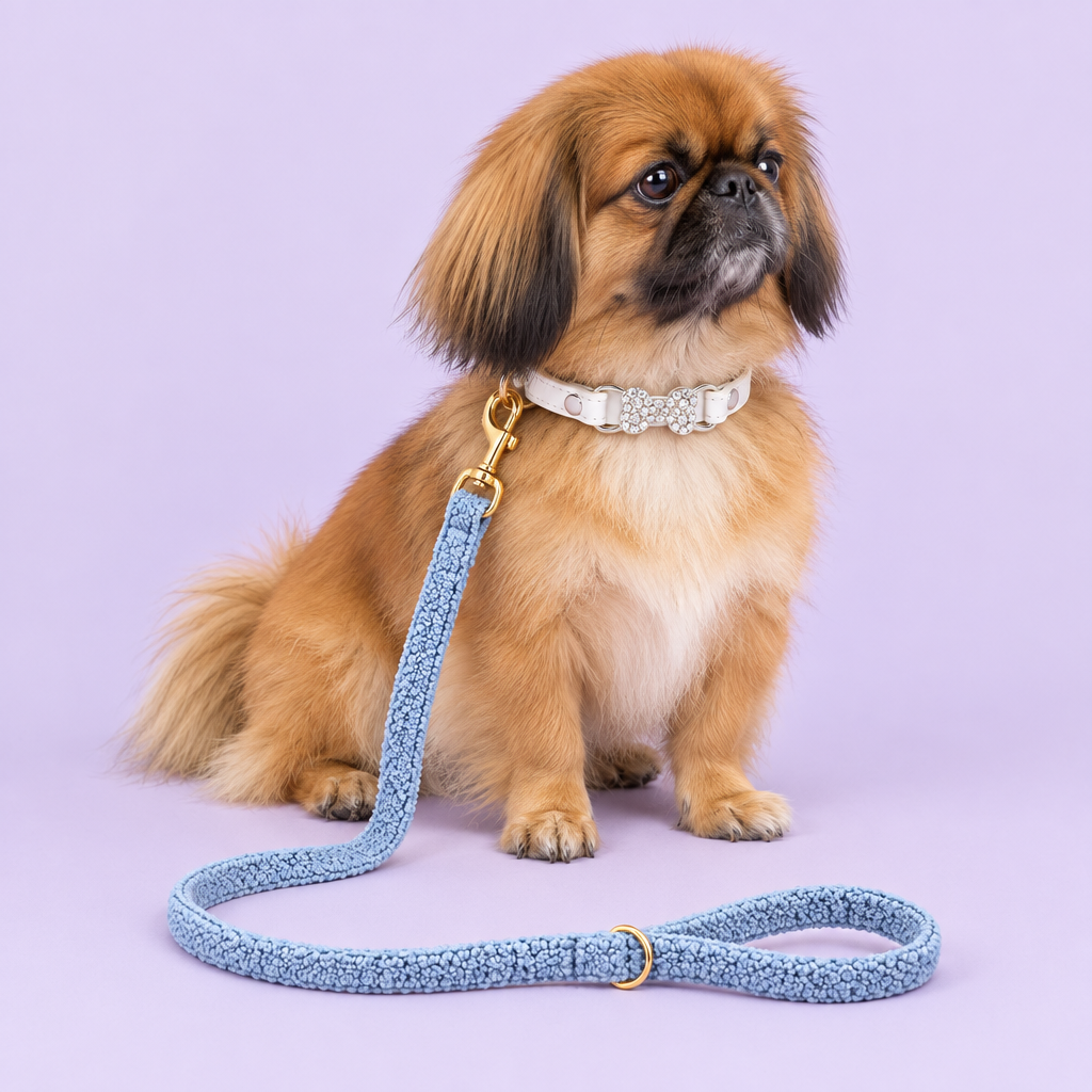 Pekingese with ivory bow collar and blue teddy-fleece leash