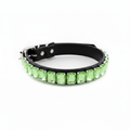 Black pet collar featuring a row of bright peridot-green rectangular rhinestones on a white background.