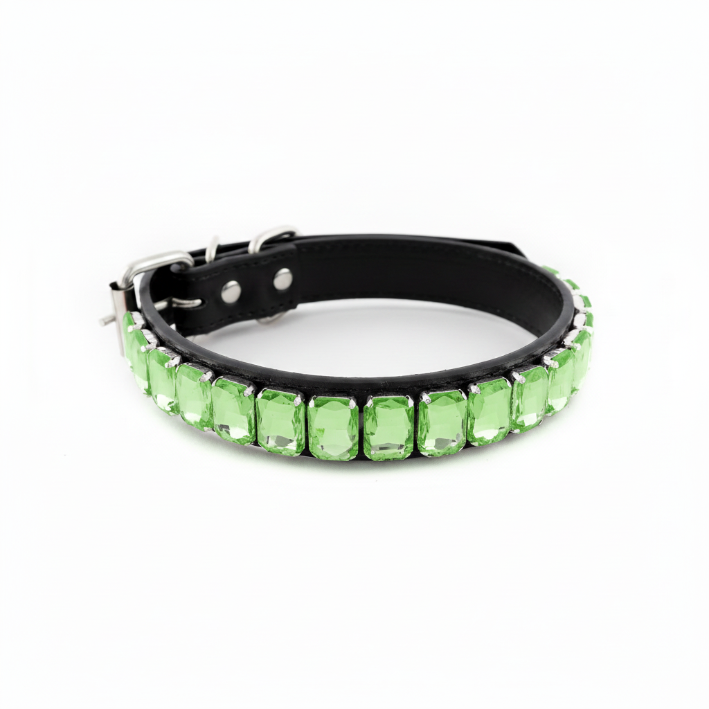 Black pet collar featuring a row of bright peridot-green rectangular rhinestones on a white background.