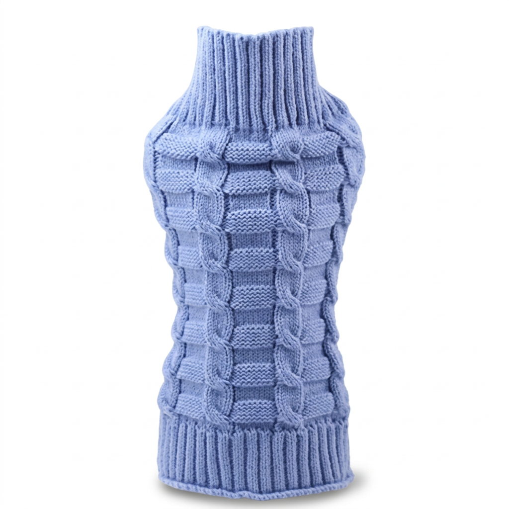 Periwinkle blue cable-knit pet sweater on white