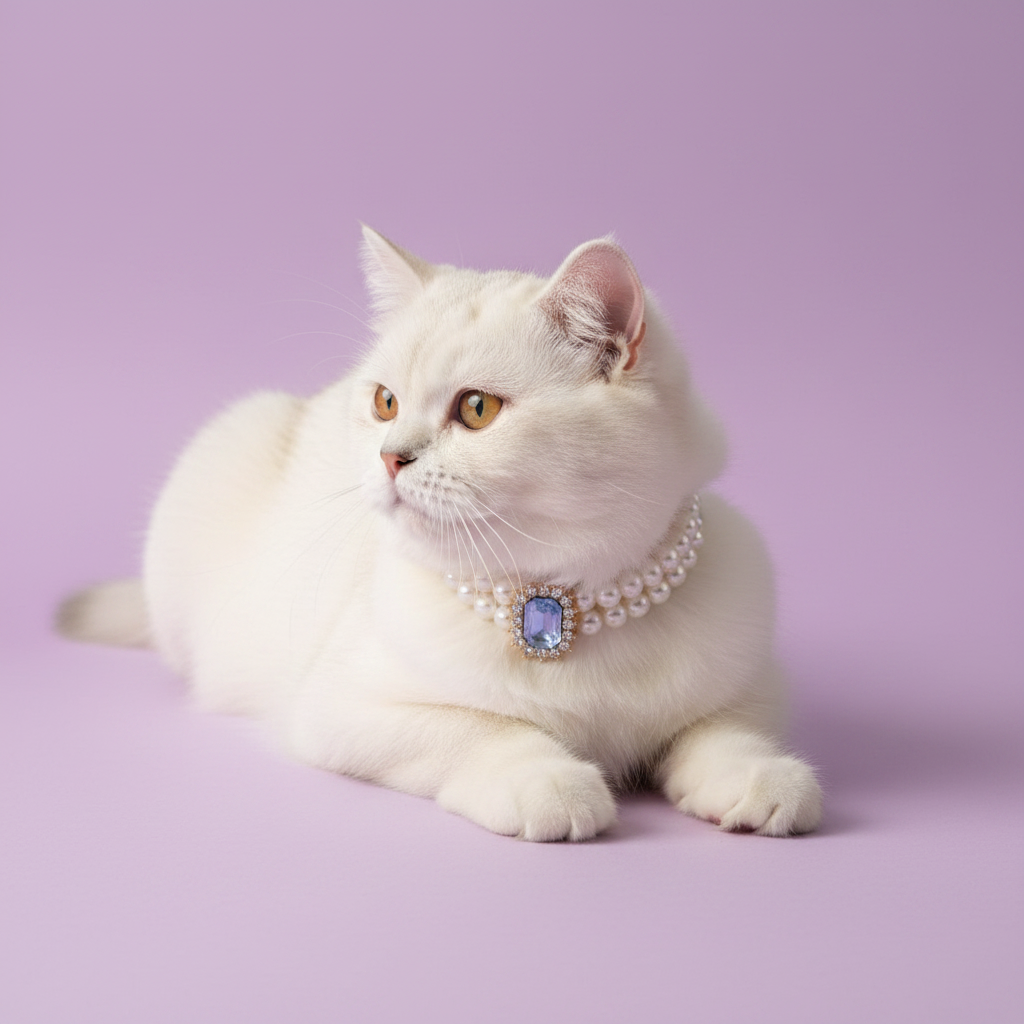 White Persian cat lying down wearing a pearl collar with a lavender gemstone pendant against a lavender background