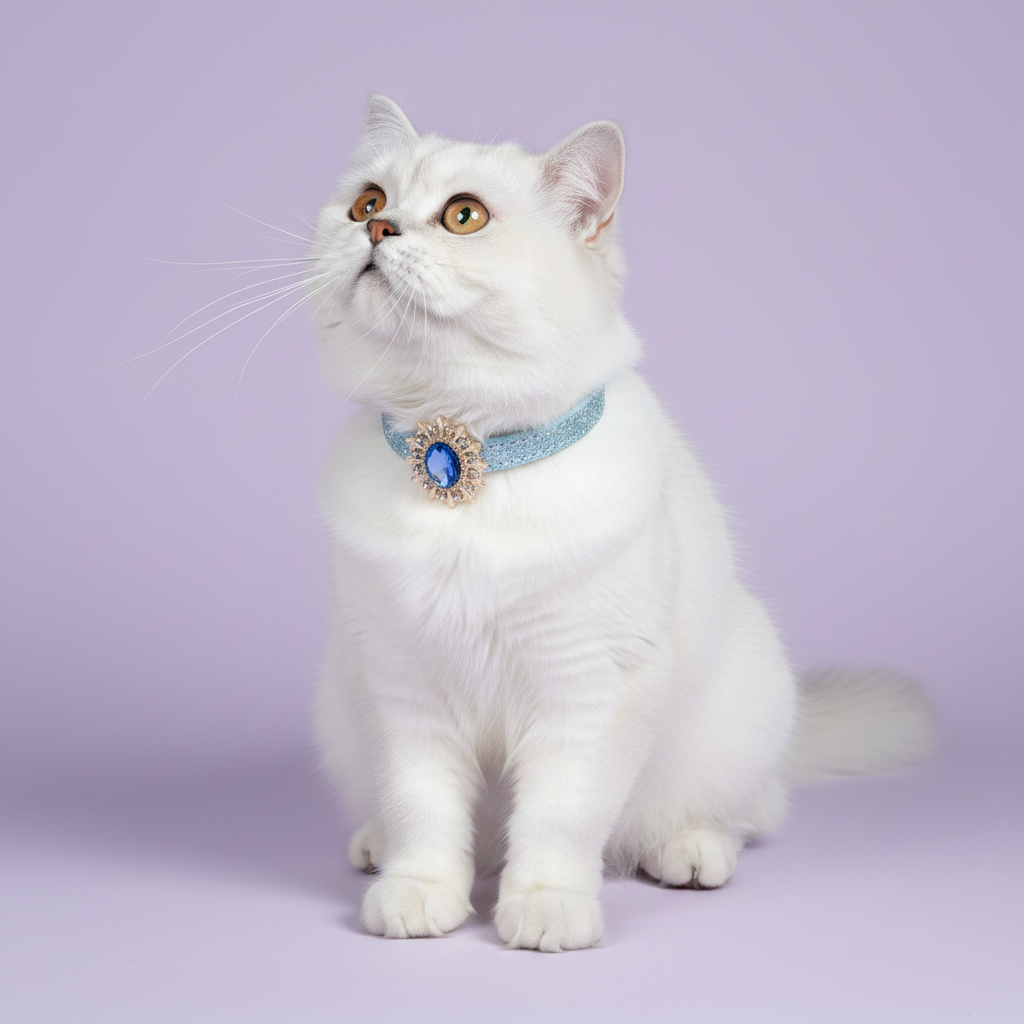 White Persian cat sitting upright and gazing upward wearing a light blue glitter breakaway cat collar with sapphire blue oval crystal sunburst pendant
