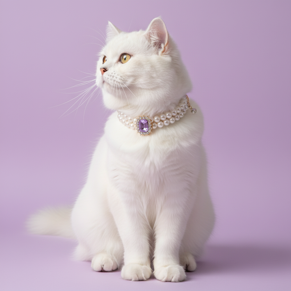 White Persian cat seated and gazing upward wearing luxury double-strand pearl cat collar with lavender amethyst crystal centerpiece on lavender background