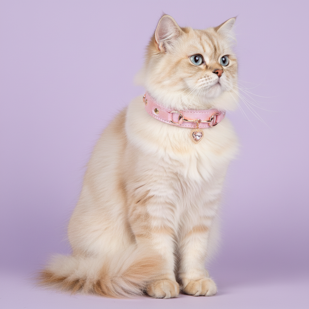 Cream Persian cat with blue eyes seated upright, wearing a pink leather pet collar with rose gold snaffle-bit hardware and a clear crystal heart charm pendant, on a soft lavender background